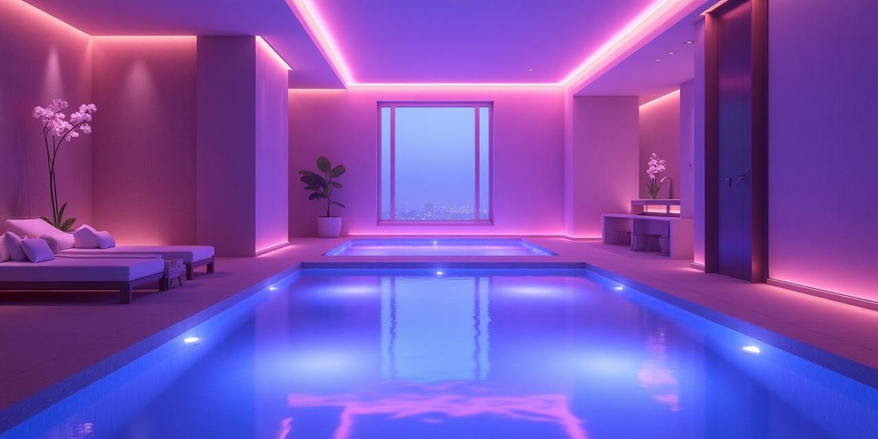 Luxury spa interior with soft purple lighting and water feature